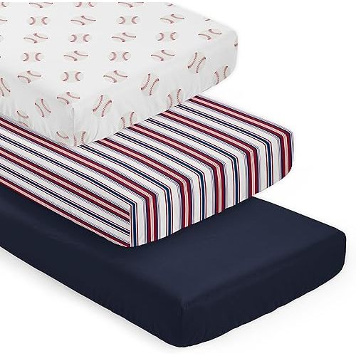 Sweet Jojo Designs 3-Piece Baby Crib Sheets Set (Baseball Sports) for Boys, Infant Nursery, Toddler Room - Fitted, Standard Size (Red, White and Blue Stripes, Solid Navy & Americana Sport Baseballs)