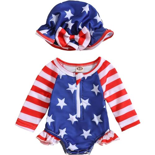 Baby Girls Swimsuit Long Sleeve Zipper Bathing Suit One Piece Swimwear with Hat
