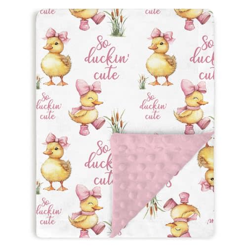 Pink Baby Blankets for Girls 30" x 40", Soft Double Layer Minky Blanket with Dotted Fleece Back, Nursery Bed Receiving Quilt for Newborn Infant Toddler Shower Gift Cute Ducks Bow Theme