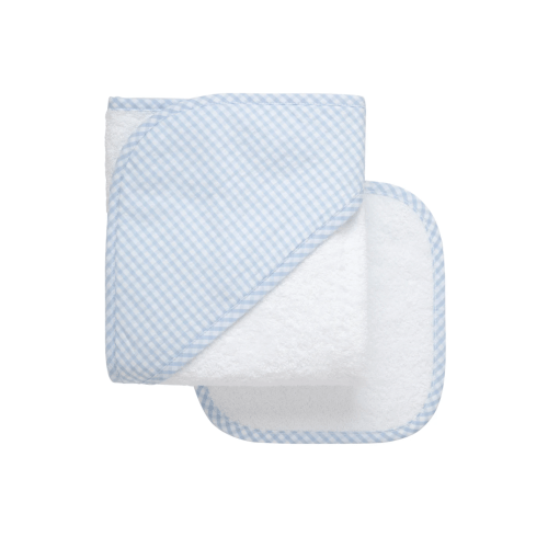 Big Check Applique Hooded Towel & Washcloth Set - Blue
