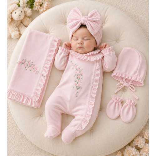 Pink Baby Girl Romper Set, Floral Embroidered Cotton Outfit, Unique Baby Shower Gift