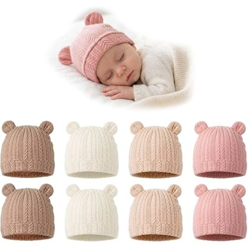 8 Pack Newborn Baby Hats Bear Ears Soft Cotton Newborn Beanie Preemie Infant Hat for Baby Girl Boy Infant Hospital Beanie Nursery Caps for Newborns 0-3 Months Multi