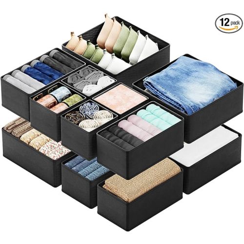 SpaceAid Drawer Organizer Clothes, 12 Pack Dresser Organizer Bins for Nursery, Closet Organization and Storage Dividers for Clothing, Baby Clothes, Underwears, Socks (Black)