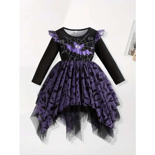 girls halloween bat print chiffon dress long sleeve pleated - Temu