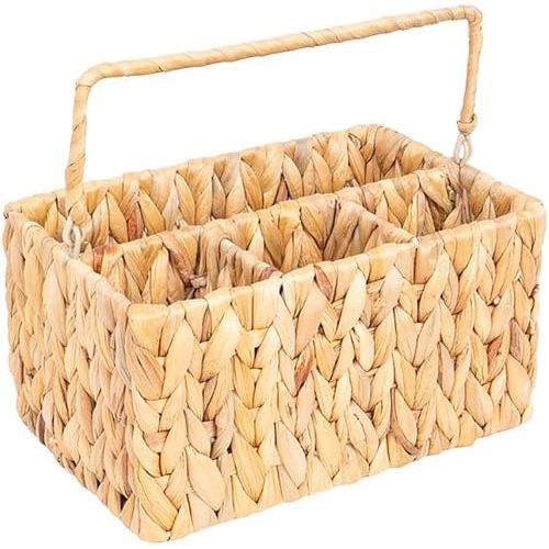 3 Compartments Woven Storage Basket with Handle, Natural Water Hyacinth Divided Organizer Basket for Kitchen Counter Desktop Vanity Organization