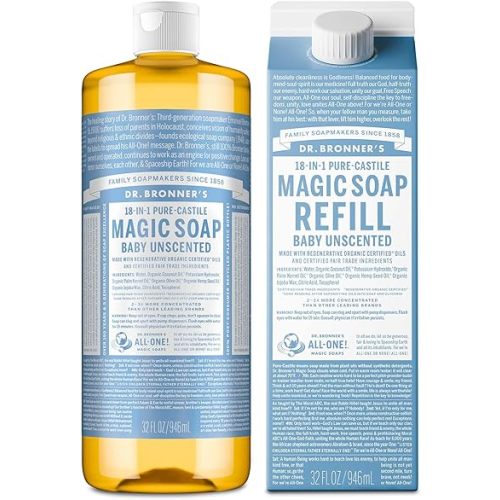 Dr. Bronner's Pure-Castile Liquid Magic Soap Bottle & Refill Carton - Made with Regenerative Organic Certified Oils- 18-in-1 Uses for Face, Body Wash, Hand Soap Refill- Baby Unscented, 32 oz