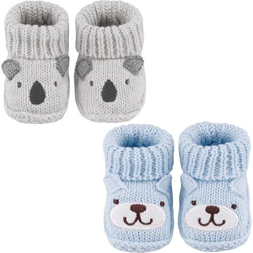 DUONITITI Newborn Knit Booties Soft Baby Boots for Infant Boys Girls First Walkers 2 Pairs, 0-3 Months(Grey+Blue)