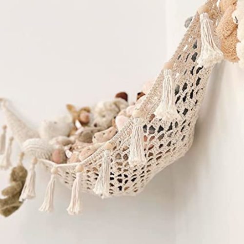 Sasa Macrame Toy Hammock - Hanging Stuffed Animal Storage - Corner Net For Stuffed Animals for Wall - Plush Doll Display and Toy Organizer - Boho Nursery Decor and Playroom Storage (Medium) - Buttercream