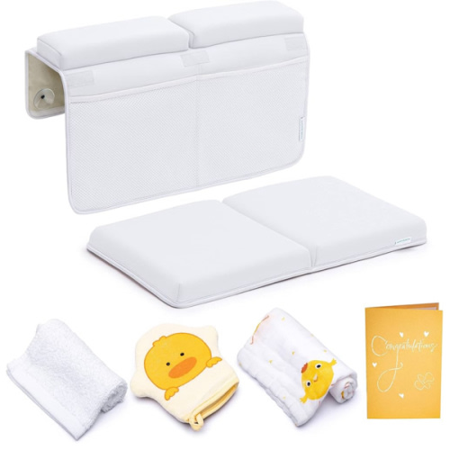 Bath Kneeler and Elbow Rest Pad, Extra Thick Baby Bath Kneeling Pad and Elbow Pad for Bathtub. Bath Tub Elbow Pad with Infant Toy and Baby Accessories Organizer, Off White Color