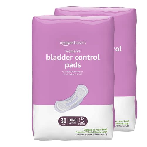 Amazon Basics Incontinence Pads for Women, Long, Bladder Control, Postpartum, Ultimate Absorbency, Unscented, with Odor Control, 60 Count (2 Packs of 30)