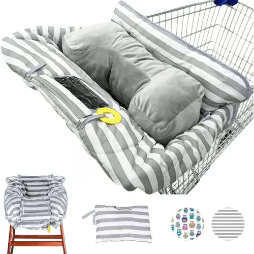 Suessie Shopping Cart Cover and High Chair Cover with Bolster Support Pillow (Gray and White Stripe with Cushion)