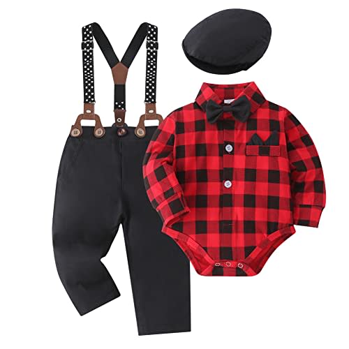 Baby Boy Clothes Set Infant Tuxedo Long Sleeve Gentleman Suit Outfits + Beret Hat + Suspender Pants + Bowtie 0-18M