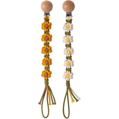 Pacifier Clip for Boys Girls Flower Daisy Macrame Pacifier Holder Leash Boho Wooden Clips Handmade Braided Cotton Paci Clip Baby Shower Birthday Gift