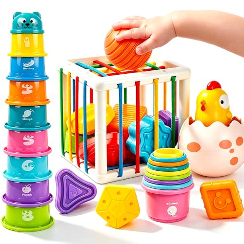 4 in1 Montessori Toys for 1 Year Old,17 Pcs Boys Girls 1st Birthday Gifts, Stacking Cups,Shape Sorter,Multi Sensory Shapes for Babies Early Educational Baby Travel Toys for Toddler 6-12 Months