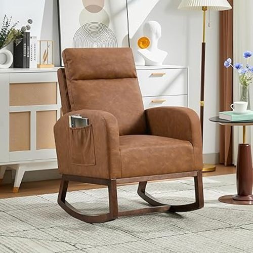 Leather Glider Chair, Modern Rocking Chair, Nursery Faux Leather Glider Chair with Rubber Wood Legs and Side Pocket, Rocking Accent Armchair for Living Room, Bedroom, Brown