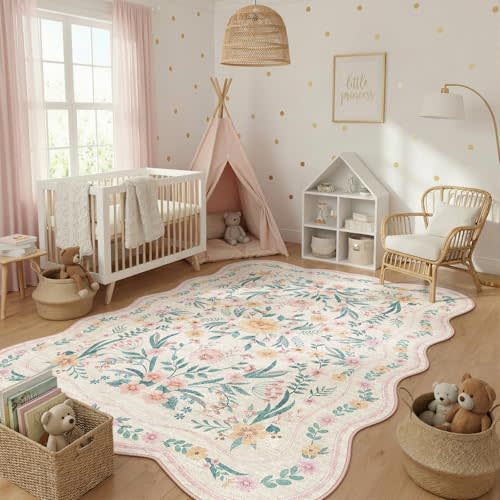 Scalloped Rug for Living Room, 5x8 Pink Floral Rug for Girls Dorm, Washable Rugs Soft Low Pile Non Slip Rugs for Nursery College Bedroom Decor Kids Room Playroom