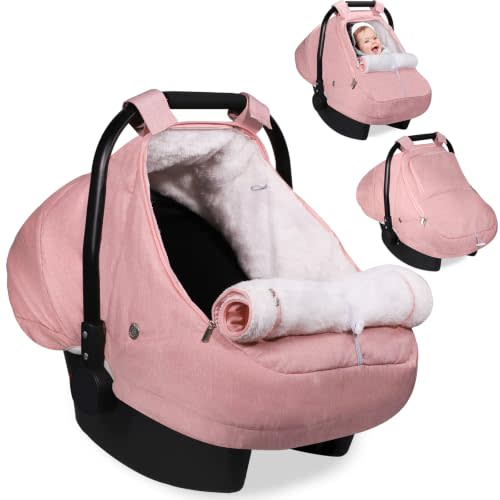Winter Car Seat Cover for Baby Girl, Infant Carseat Cover with Plush Lining | Waterproof & Windproof Design, Dual Zippers, Breathable Ventilation, Universal Fit, Cozy Protection for Baby Travel(Pink)