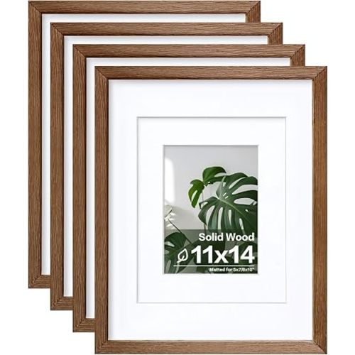 Egofine 11x14 Picture Frames Set of 4, Made of Solid Wood Covered by Plexiglass 5x7 and 8x10 with Mat or 11x14 without Mat, for Table Top Display and Wall Mounting Photo Frame,Walnut Brown