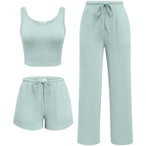 Ekouaer Women's 3 Piece Lounge Set Ribbed Soft Pajama Set - Tank Top, Shorts&Pants Vacation Outfits With Pokcet