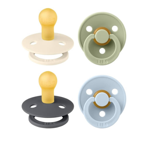 BIBS Colour Soother 4-Pack | BPA Free Dummy Pacifier | Round Nipple | Natural Rubber Latex | Made in Denmark | Size 0-6 Months | Iron Mix