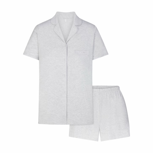 SKIMS SLEEP SHORT SLEEVE BUTTON UP SET | LIGHT HEATHER GREY | SKIMS