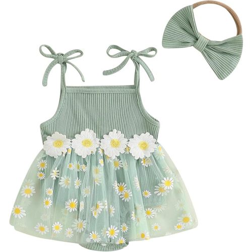 Baby Girl Clothes Daisy Ribbed Bodysuit Sleeveless Romper Dress Summer Outfit for Girls Newborn 3 6 9 12 18 Months