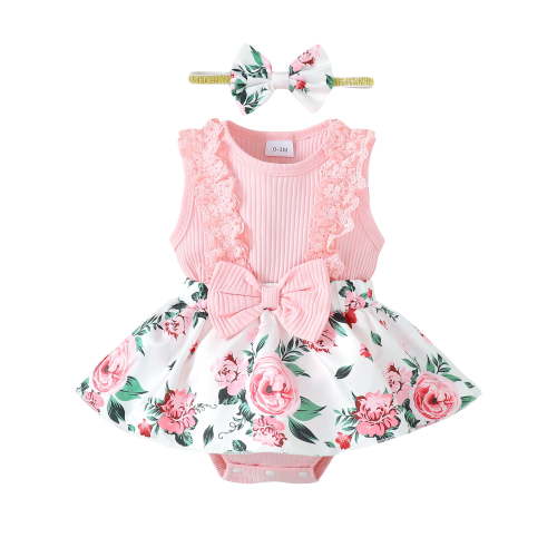 Newborn Baby Girls Dress 3 Months Girls Sleeveless Dress Flower Print Newborn Girls Summer Floral Dress with Headband Pink