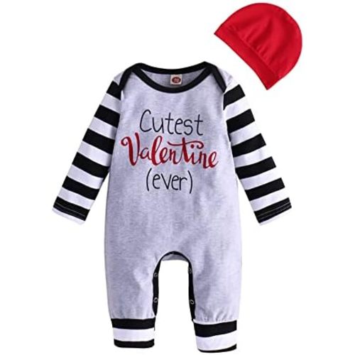 CM C&M WODRO Baby Boy Valentines Outfit Romper Long Sleeve Stripe One Piece Bodysuit Jumpsuit with Hat Infant Clothes Set