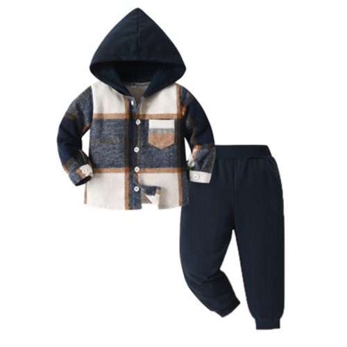 Ydojg Toddler Boys Girls Long Sleeve Casual Plaid Prints Gentleman Hooded Tops With Long Pants Fall Winter Oufit Set Blue Size 6-9 Months