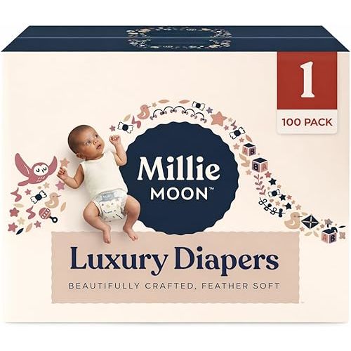 Millie Moon Luxury Disposable Baby Diapers Size 1 (100 Count), Ultra Soft Comfort, Absorbent Core for Day & Night Use, Wetness Indicator, Gentle Materials, Secure Fit