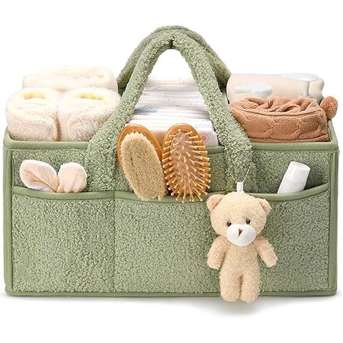 HJB VISSO Baby Diaper Caddy Organizer, Nappy Caddy Storage Basket for Wipes, Portable Nursery Diaper Organizer (Lily Green)