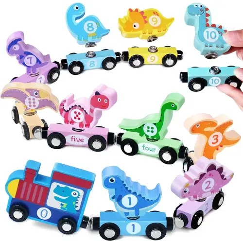Wooden Train Set Dinosaur Toys for Kids 3-5, Magnetic Dinosaur Train Number Toddler Learning Color Sorting Toy, Montessori Educational Toys for 3 4 5 Year Old Baby Girls Boys Birthday Gifts