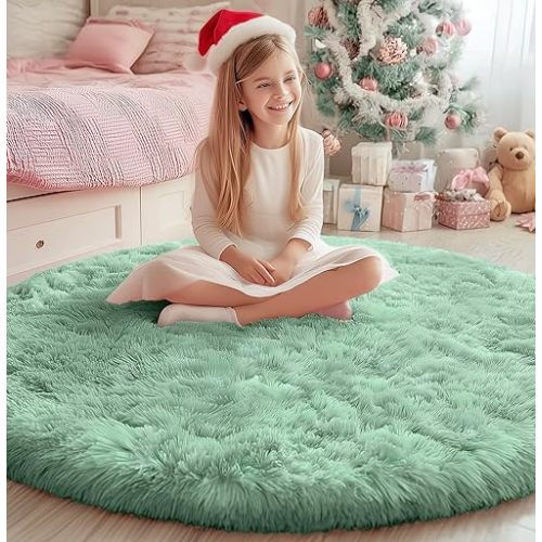 Sage Green Round Rugs for Boys Bedroom,Shaggy Circle Rug 5Ft for Kids Room,Fluffy Carpet for Classroom Shag Circular Rug for Nursery,Fuzzy Plush Rugs for Teen Dorm,Cute Baby Room Decor
