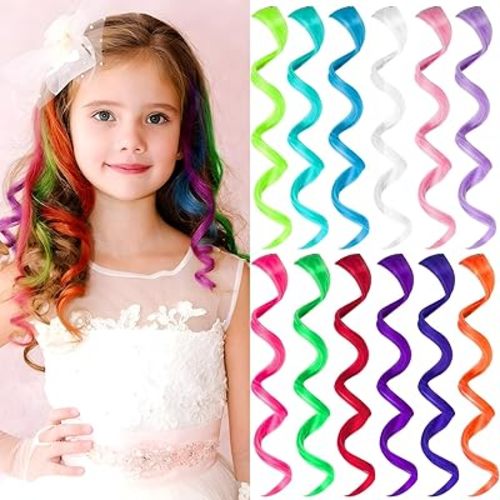 12 PCS Colored Hair Extensions for Kids, Curly Wavy Synthetic Hairpieces Clip in Rainbow Neon Party Highlights, Colorful Hair Accessories for Girls Women 17 Inch (Multi-color Set)