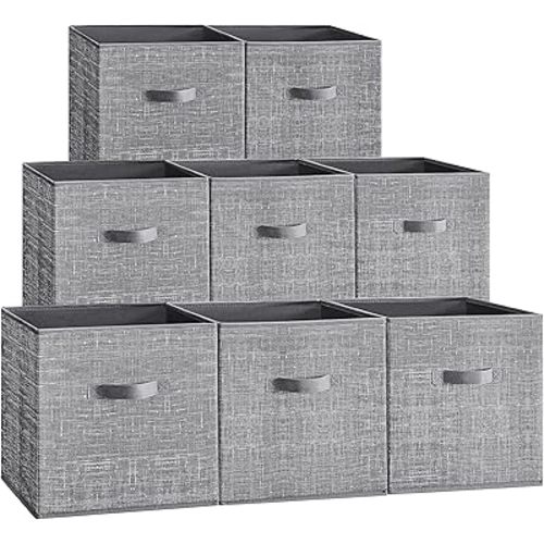 SONGMICS Storage Cubes, 13 x 13 x 13 Inches Non-Woven Fabric Bins with Double Handles, Set of 8, Closet Organizers for Shelves, Foldable, for Clothes, Cattail Gray UROB833G01