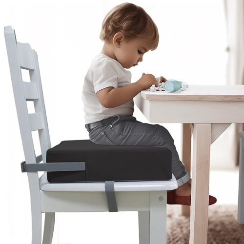 Toddler Booster Seat Dining Table Kitchen Chair, Waterproof Anti-Scratch PU Cushion, Non-Slip Bottom, Adjustable Buckle Straps, Easy Clean Portable Seat Cushion (Light Gray)