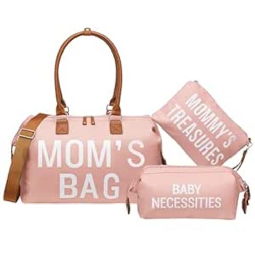 printe Mommy Diaper Bag Tote for Girls with 2 Organizer Pouches, Large Capacity Mom's Bag for Hospital and Weekender Travel, Pink