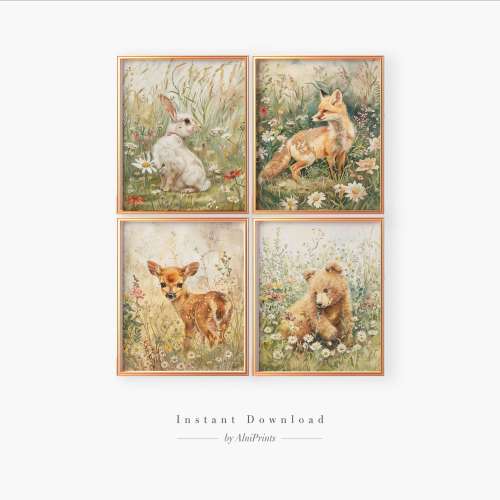 Woodland Nursery Prints: Vintage Animal Gallery Wall Art (Set of 4) (Digital Download)