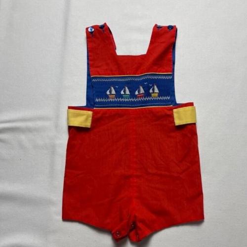 Vintage 70s Unsized Toddler Red Romper Angel Keepsakes Blue Smocking Sailboats
