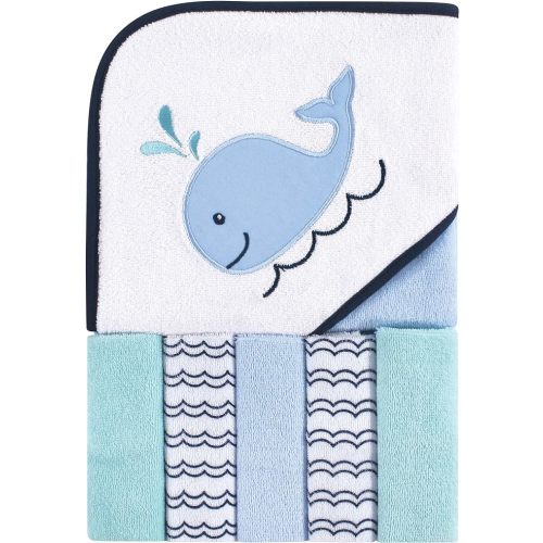 Luvable Friends Unisex Baby Hooded Towel with Five Washcloths, Cotton, Boy Whale, One Size