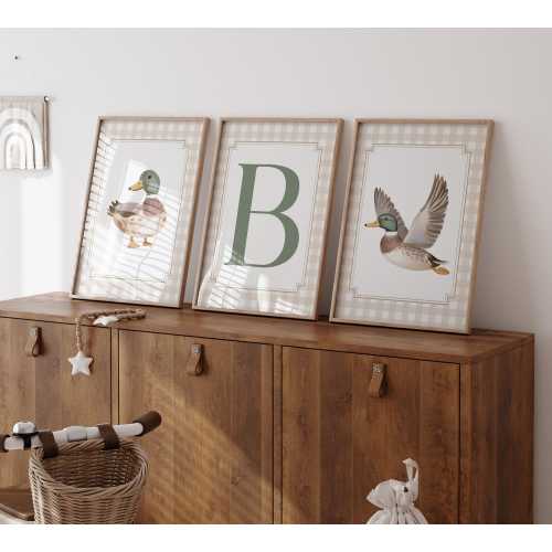 Hunting Nursery Decor, Mallard Duck Wall Art, Gingham Initial Print, Baby Boy Woodland Nursery, Hunting Prints for Boys Room, Duck Nursery