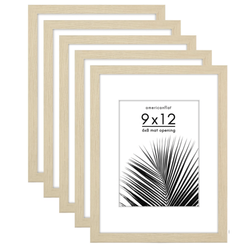 Americanflat 5 Pack of 9x12 Frames with 6x8 Mat - Plexiglass Cover - Natural Oak