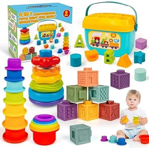 Montessori Baby Toys for Ages 6–18 Months with Sensory Shape Sorter Matching Game Toy Stacking Ring Soft Building Blocks Developmental Learning Toys for Toddlers 1+ Year Old