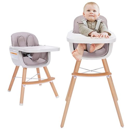 Mallify 3-in-1 Wooden High Chair, Convertible High Chairs for Babies and Toddlers, Baby Highchair with Adjustable Legs & Dishwasher-Safe Tray, Sleek Hardwood & Premium PU Cushion, Pink