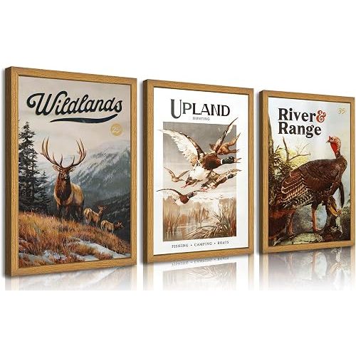 3Pcs Framed Wild Animal Canvas Wall Art Nature Wilderness Deer Wild Duckturkey Wall Decor Pictures Hunting Outdoorsy Cabin Posters Prints Gift Hunter Dad for Living Room Bedroom Home Decoration
