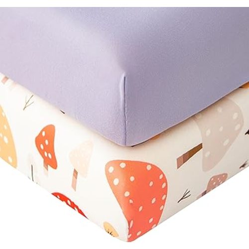 SDIII Mushroom Pack N Play Sheets Fitted 2 Pack Stretchy Microfiber Jersey Knit Purple Mini Crib Sheet for Mattress 38x26 Soft Toddler Playard Bedding