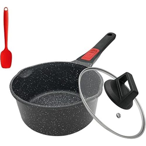 2 Qt Nonstick Saucepan with Lid, Sauce Pot with Pour Spout, Black