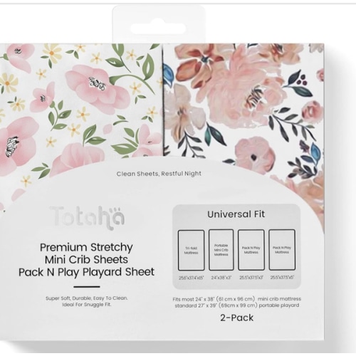 Graco Pack and Play Sheets Fitted, TotAha Buttery Soft Mini Crib Sheets Girl, Floral Pack N Play Mattress Sheets Hypoallergenic, Premium Jersey Playrad Sheets, Meredith Allover & Pale Pink, 2 Pack