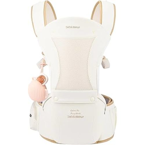 Bebamour Baby Carrier with Hip Seat,All-Position Breathable Mesh Hip Seat & Carrier 0-36Months with Head Hood, 3 PCS Teething Pads, Waist Extender,Storage Bag & Pacifier Case(Khaki)
