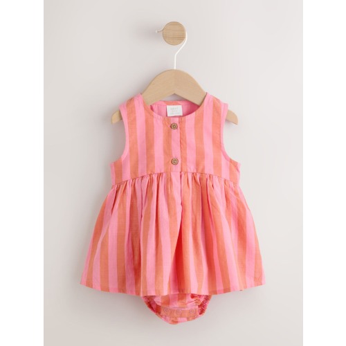 Pink Stripe Woven Baby Dress With Intergrated Bodysuit (0mths-2yrs)